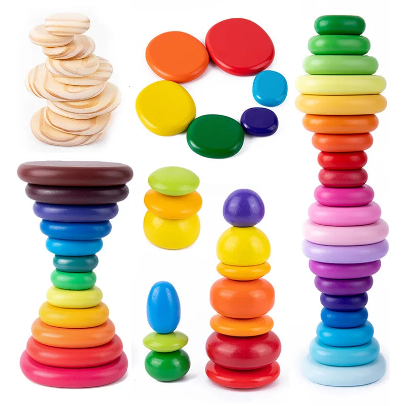 Wooden Montessori Rainbow Pebbles Stack Block Toys Nordic Style Gradient Stacking Stone Balancing Game DIY Educational Kids Toys