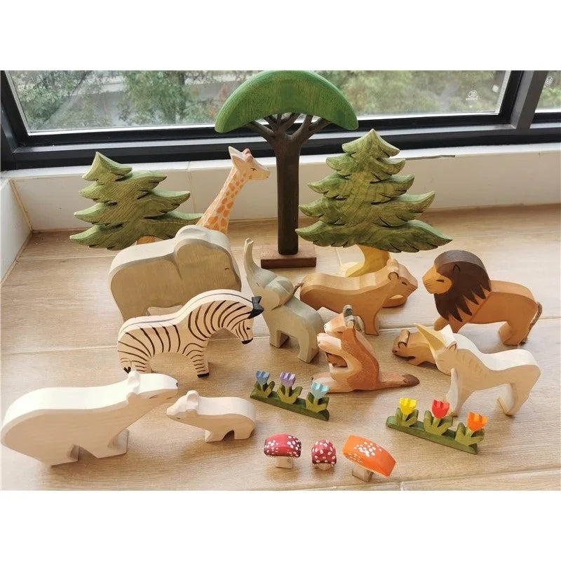 Colorful Wooden Animals Handmade Basswood Stacking Blocks Toys Forest Trees Lion Tiger Elephant Giraffe Bear Kangaroo for Kids