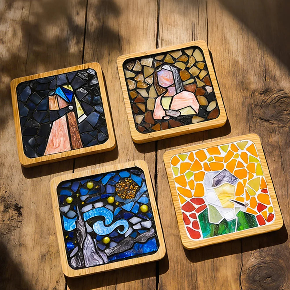 Handmade DIY Mosaic Cup Mat Bottom Bamboo Pad Heart Square Coaster Parent-Child Early Education Free Creation Handicraft Toys