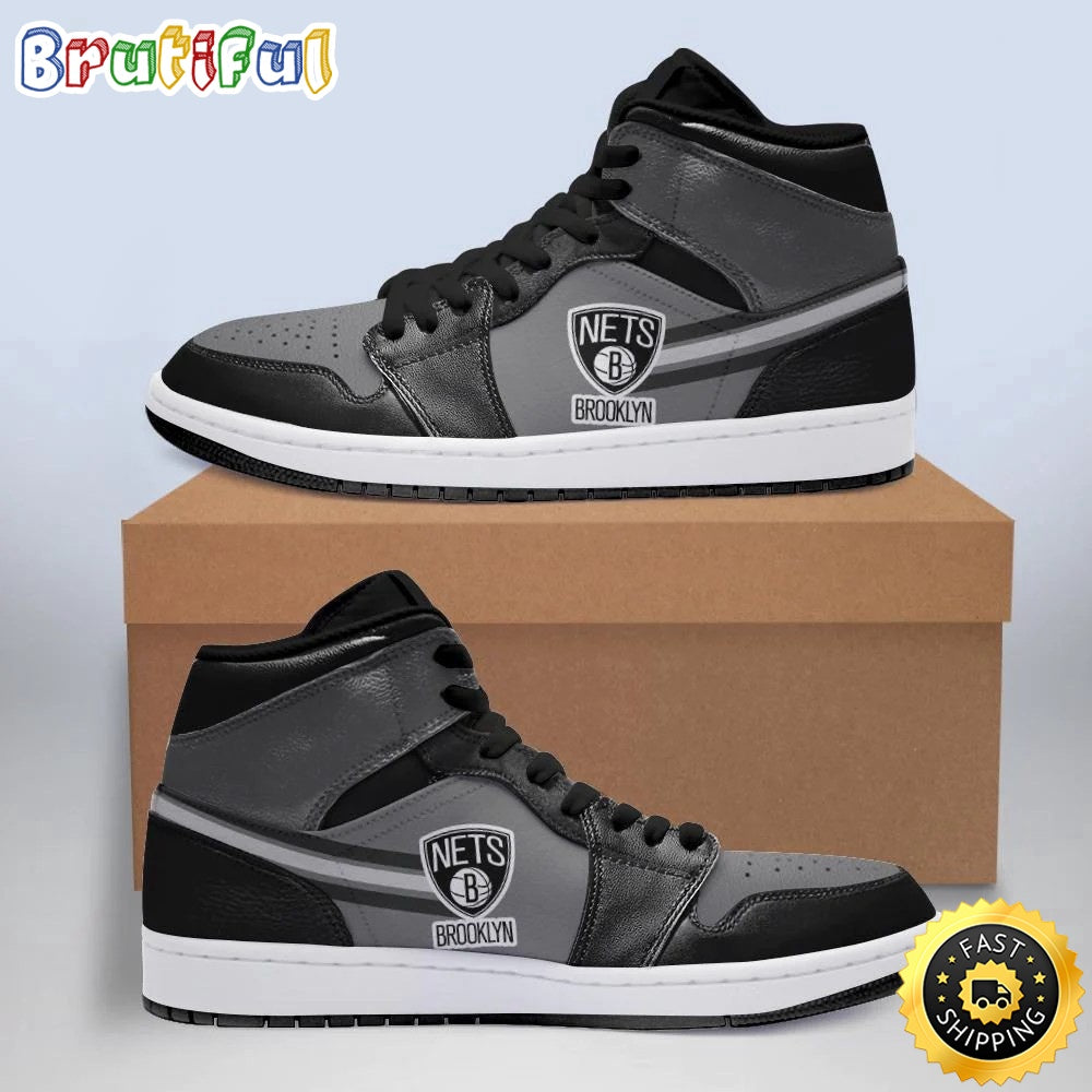 NBA Brooklyn Nets Gray Black Air Jordan 1 High Sneakers