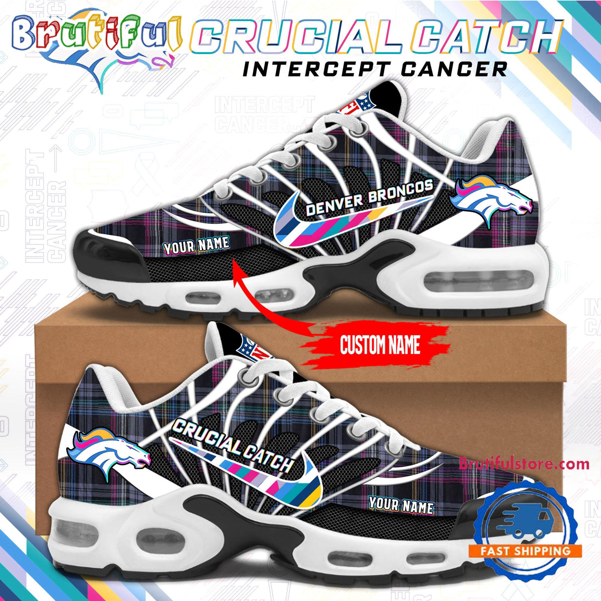 NFL Denver Broncos Crucial Catch Intercept Cancer Air Max Plus Shoes Sneaker