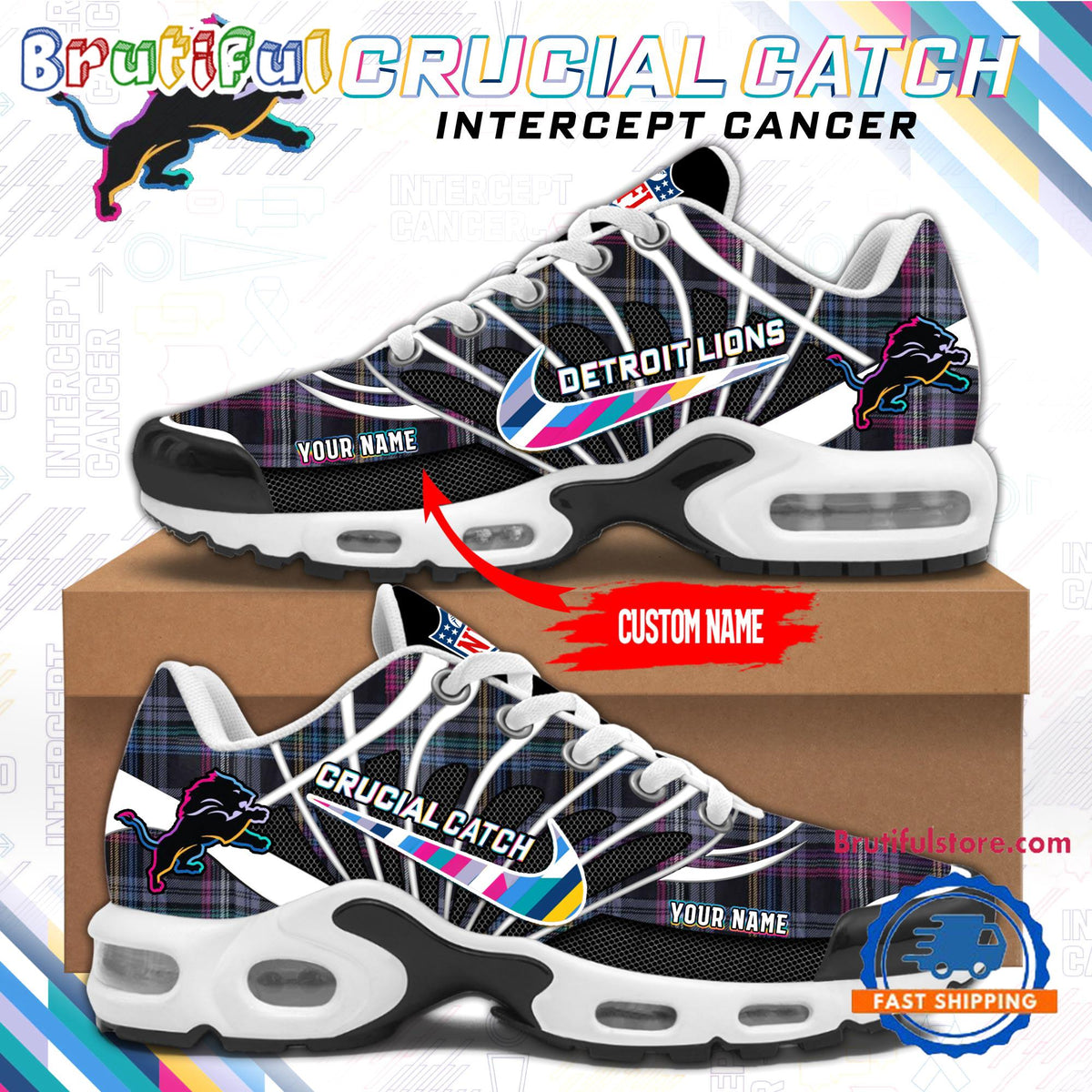 NFL Detroit Lions Crucial Catch Intercept Cancer Air Max Plus Shoes Sneaker