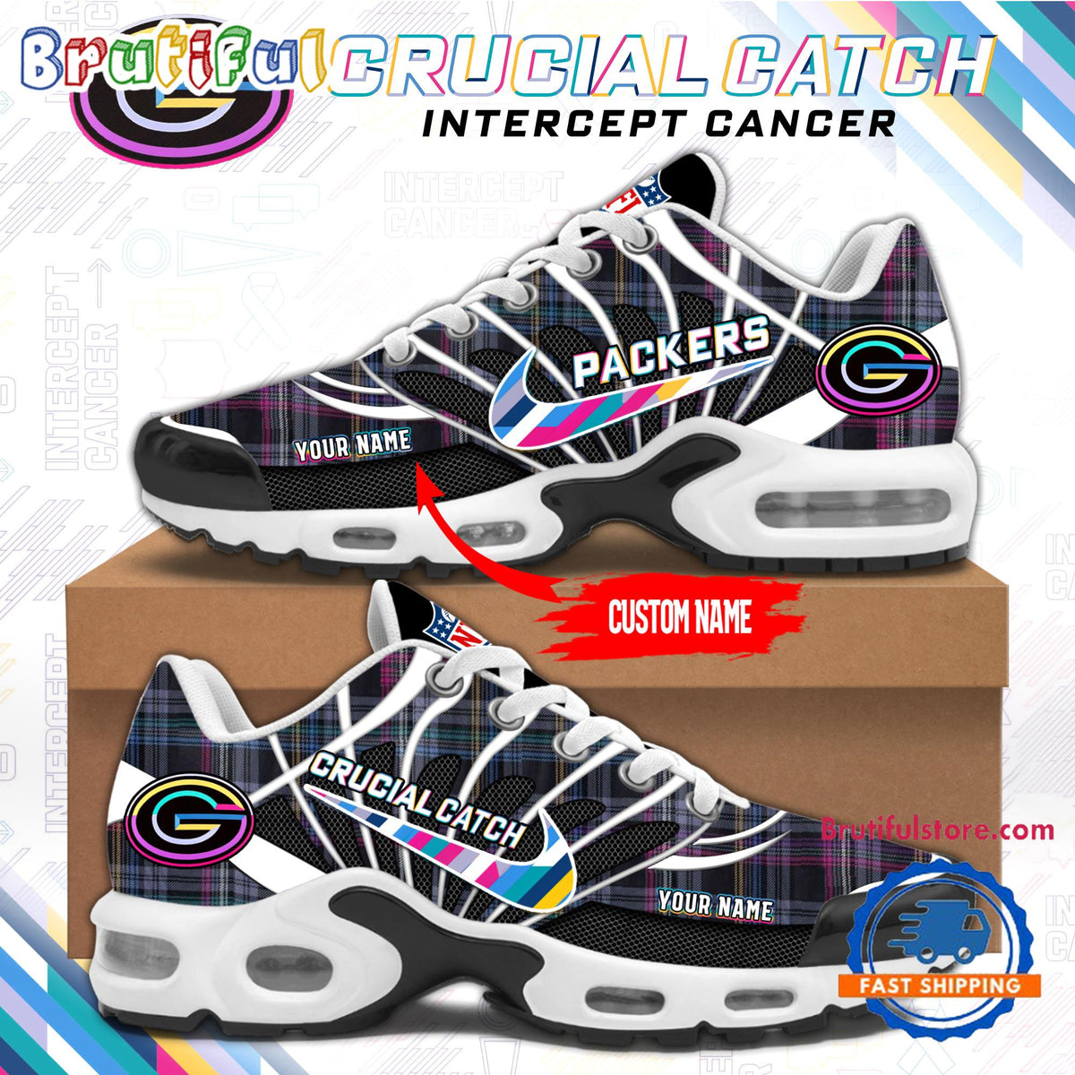 NFL Green Bay Packers Crucial Catch Intercept Cancer Air Max Plus Shoes Sneaker