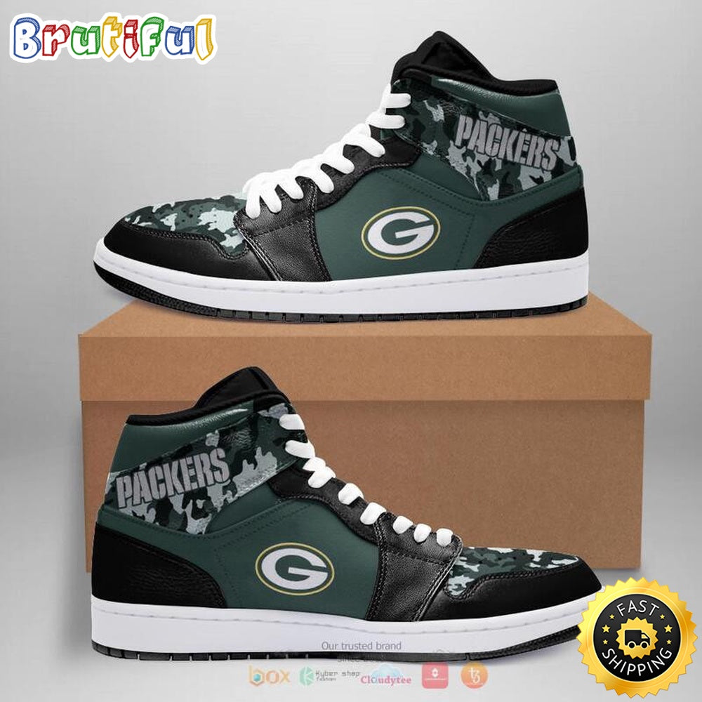 NFL Green Bay Packers Green Black Camo Sneaker Air Jordan 1 High Sneakers