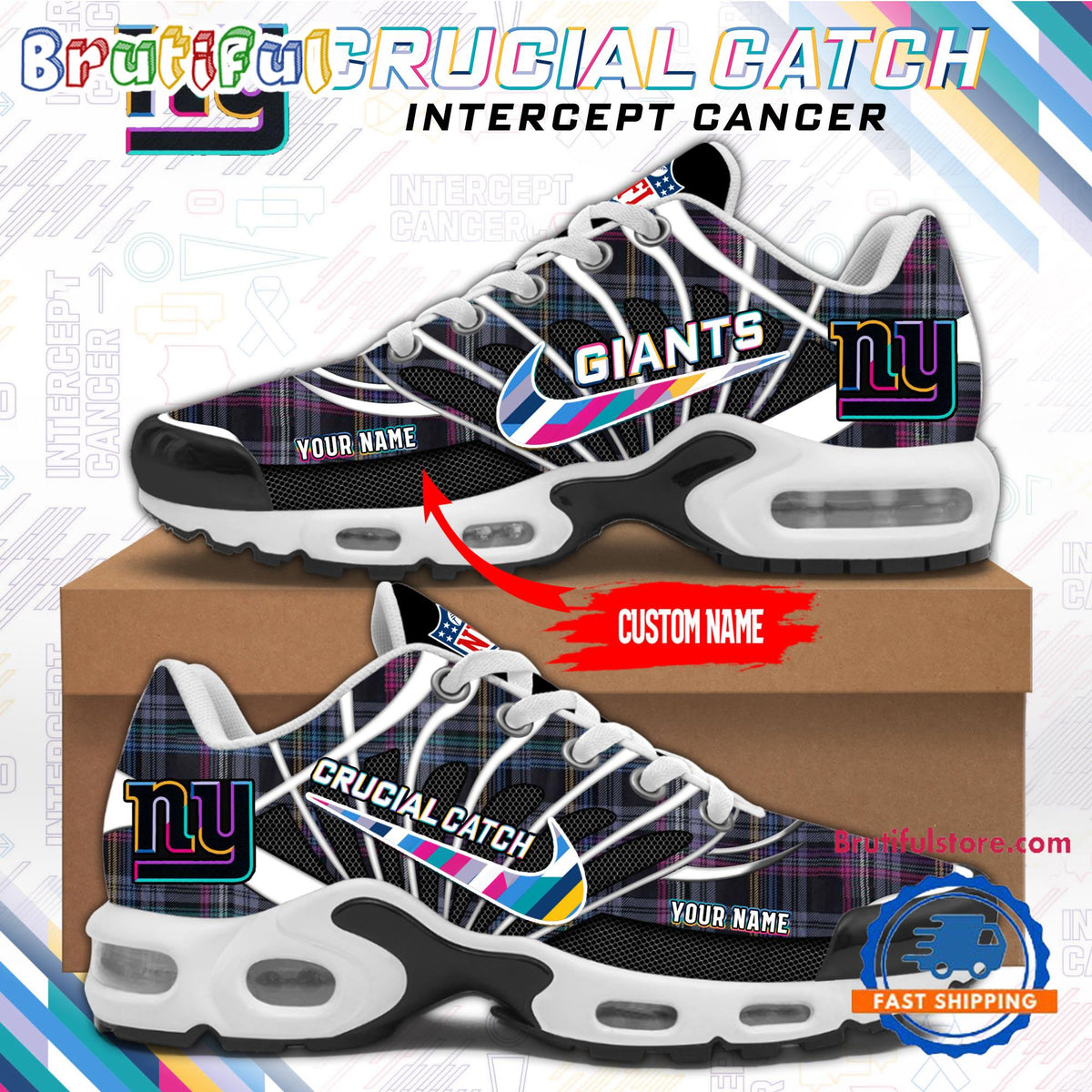 NFL New York Giants Crucial Catch Intercept Cancer Air Max Plus Shoes Sneaker