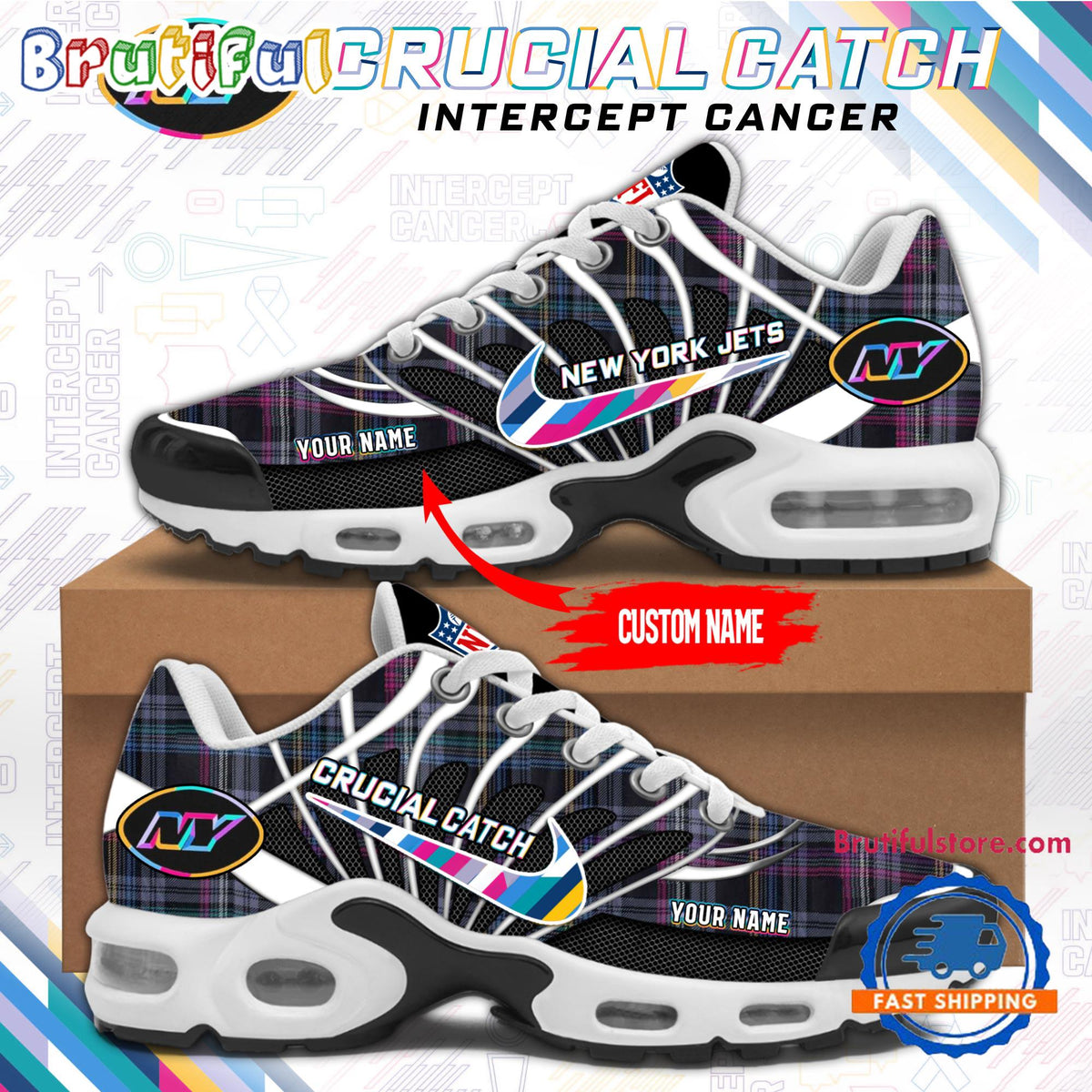 NFL New York Jets Crucial Catch Intercept Cancer Air Max Plus Shoes Sneaker